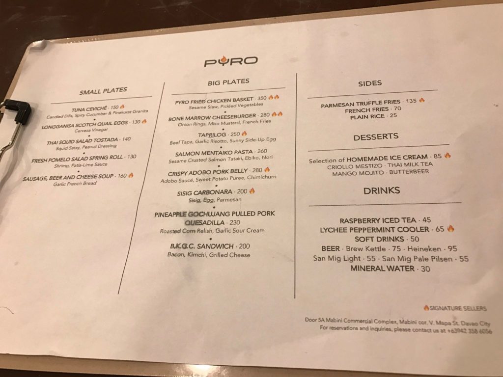 Pyro Davao Menu