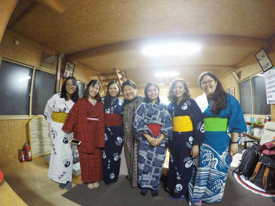 From left to right, Carissa, Jackie, Jenna, our mom Hisako-san, Ethel, me and Hannah in Yukatas and a Kimono. My homestay family!
